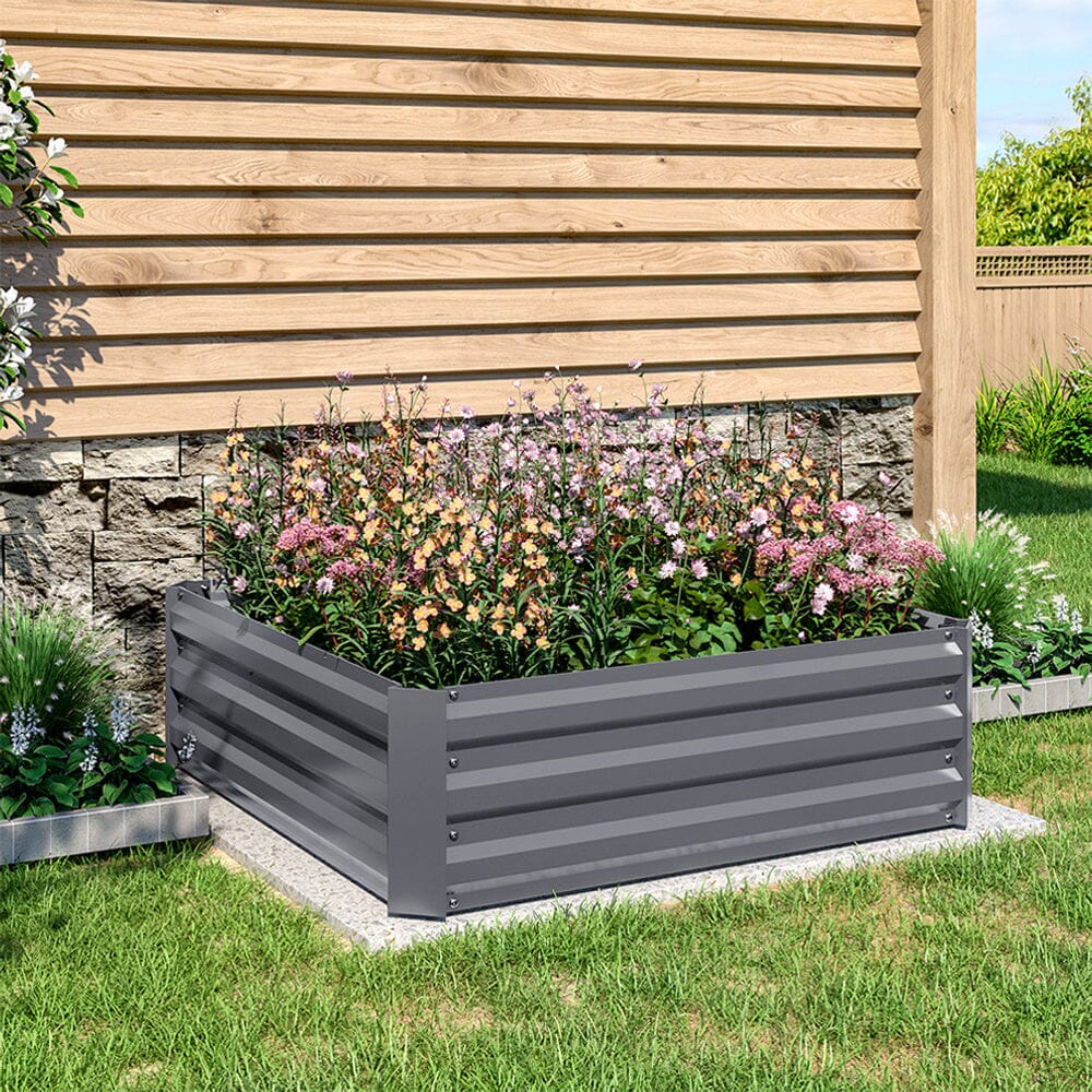 Grey Outdoor Galvanized Steel Square Raised Garden Bed Planter Box (Medium) - Robust and versatile garden planter for various plants